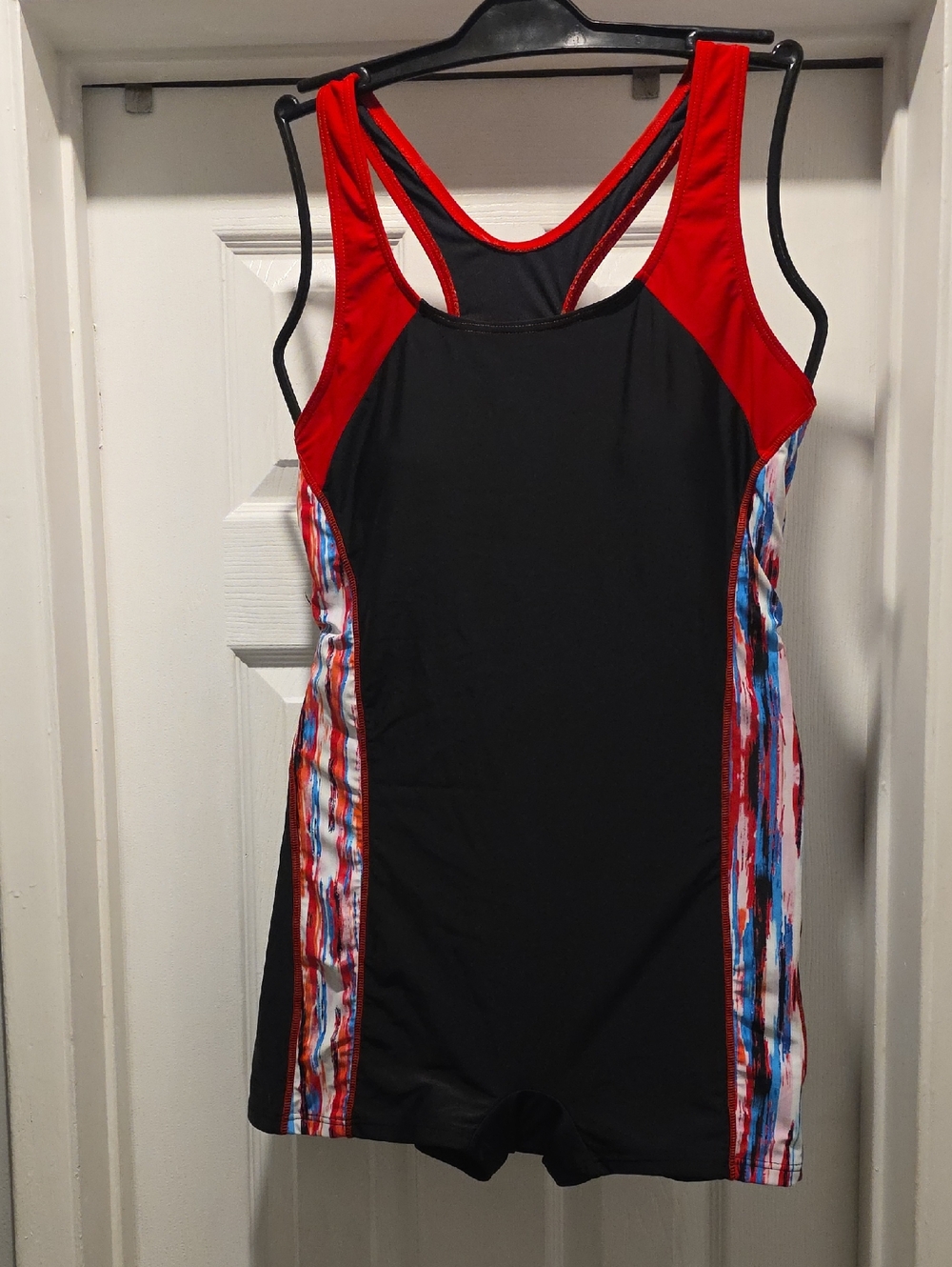 Women’s Black and Red Athletic Swimsuit with Multicolor Side Panels